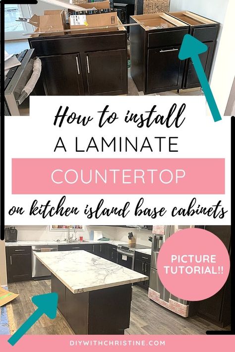 How To Install A Laminate Countertop On Kitchen Island Base Cabinets – DIY With Christine Laminate Island Countertop, Diy Laminate Countertops, Diy Buffet Cabinet, Installing Laminate Countertops, How To Install Kitchen Island, Kitchen Island Base, Laminate Countertop, Kitchen Island Tops, Kitchen Countertops Laminate