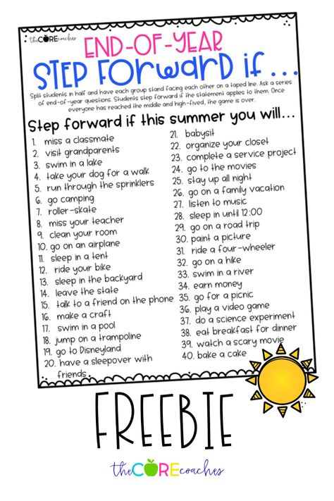 End the year with a bang! Celebrate all the hard work your classroom has done this year with this fun and interactive end of year game. Keep your students engaged and motivated to the very end of the school year with this classic classroom activity. Take A Step Forward If Game, Last Day School Activities, Fun Last Week Of School Activities, Third Grade Summer School Activities, End Of The Year Games Middle School, End Of The Year Free Printables, End Of Year Games For 2nd Grade, End Of 3rd Grade Activities, Last Week Of School Activities 4th Grade