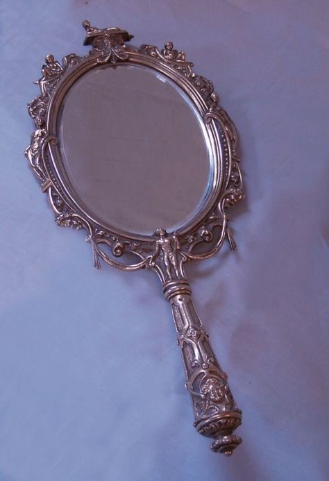 Silver Hand Mirror Aesthetic, Fancy Objects Aesthetic, Hand Held Mirror Aesthetic, Ancient Mirror Aesthetic, Pretty Hand Mirror, Handheld Mirror Aesthetic, Vintage Hand Mirror Aesthetic, Victorian Era Objects, Fancy Hand Mirror