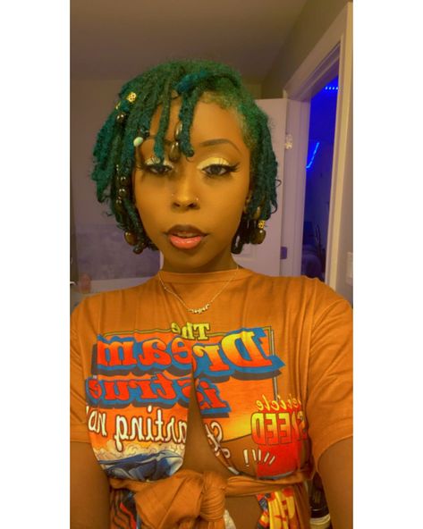 Short Loc Styles With Beads, Beads On Short Locs, Blue And Green Locs, Dark Green Locs, Green Locs Black Women, Short Locs With Beads, Dreads With Beads, Locs With Beads, Female Dreads Hairstyles