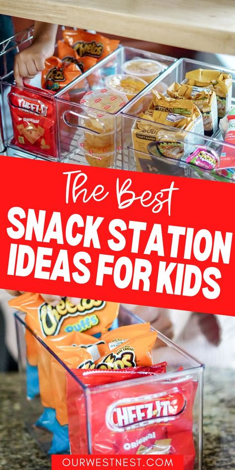 Here's how to make a DIY snack station for kids! I share the best snack organization ideas to create a snack station for pantries, small spaces, and even in a snack cart that you can put in your basement or playroom. You'll find the best snack organizer products that are affordable and perfect to house all your snacks for kids and snacks for toddlers. School Lunch Station Ideas, Kid Snack Organization Ideas, Snack Area In Kitchen, Self Serve Snacks For Kids, Work Snack Station, Snack Organization Ideas Small Space, Kitchen Snack Station, Snacks Organization Ideas, Snack Storage Ideas Small Spaces