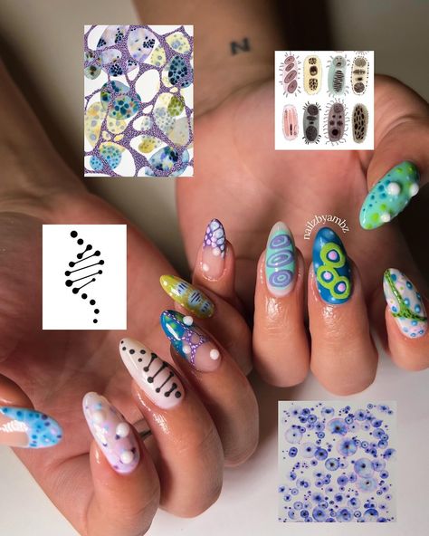 science & dna inspired 🧬 🧫 @sydneygabbard inspired by some random stuff from Pinterest! (natural nails, luminary) • products: @luminary_nail_systems - clarity @functionofvex (code AMBZ 10) - 12mm liner brush @miasecret - blooming gel - clear acrylic • #nailsnailsnails #explorepage #explorenails #nailtech #tempeaznails #tempeaznailtech #gelx #gelxnails #naildesigns #trendynails #springnails #summernails Biology Nail Art, Science Themed Nails, Science Nails Designs, Biology Nails, Chemistry Nails, Dna Nails, Math Nails, Medical Nails, Healthcare Nails