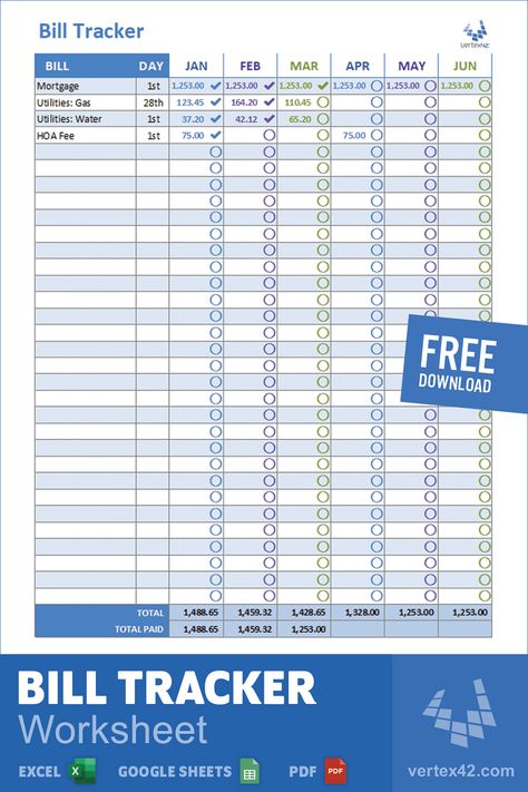 Download a free bill tracking spreadsheet from Vertex42.com. Make a list of your recurring bills and the expected amounts. Then, check them off as you pay them! Bill Spreadsheet Excel, Excel Bill Tracker, Bill Pay Tracker Free Printable, List Of Bills To Pay, Bill Spreadsheet Printable, Bill Payment Tracker Printables Free, Free Bill Tracker Printable, Bill Tracker Free Printable, Work Spreadsheet