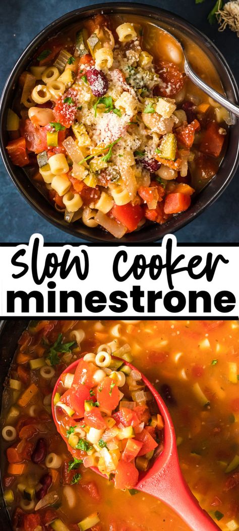 Slow Cooker Minestrone Soup -  This Italian favorite features a full-bodied broth seasoned with Italian herbs, onions, and garlic that is slow-cooked all day with a variety of fresh vegetables, protein-packed beans, and cute ditalini pasta. Meatless Soup Crockpot, Crockpot Soup Recipes Minestrone, Crockpot Soup Minestrone, No Meat Slow Cooker Recipes, Crockpot Recipes Vegetable Soup, Easy Minestrone Soup Crockpot, Soup Using Ditalini Pasta, Minasteoni Soup Crockpot, Vegetarian Minestrone Soup Crockpot