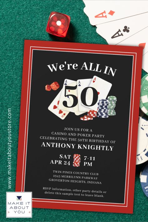 Custom age casino or poker party themed birthday party invitation featuring playing cards, dice and poker chips and an editable age in black, red and white. Poker Birthday Party, Playing Card Invitation, Casino Night Invitations, Casino Birthday Party, Casino Party Invitations, Casino Birthday, Casino Theme Party Decorations, Surprise Birthday Party, Poker Party