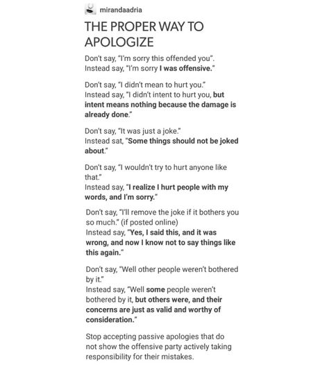 YAS TO THE SECOND OMG As Louis C K once wisely said "you don't get to decide if you hurt someone" How To Genuinely Apologize, How To Properly Apologize, Proper Apology, Real Apology, Genuine Apology, Sincere Apology, Info Board, Clap Clap, Life Hack