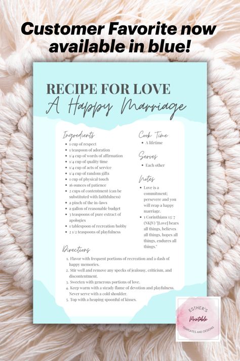 Recipe For A Happy Marriage Printable, Recipe For Marriage, Bridal Shower Presents, Marriage Humor, Valentines Day Presents, Housewarming Present, Perfect Love, Love Blue, Happy Marriage