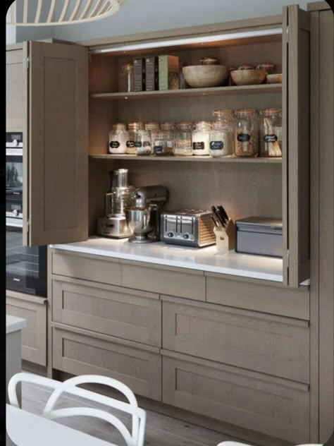 Appliance Cupboard, Kitchen Larder, Appliance Garage, Hidden Kitchen, New Kitchen Ideas, Kitchen Pantry Design, Butlers Pantry, Pantry Ideas, Kitchen Room Design