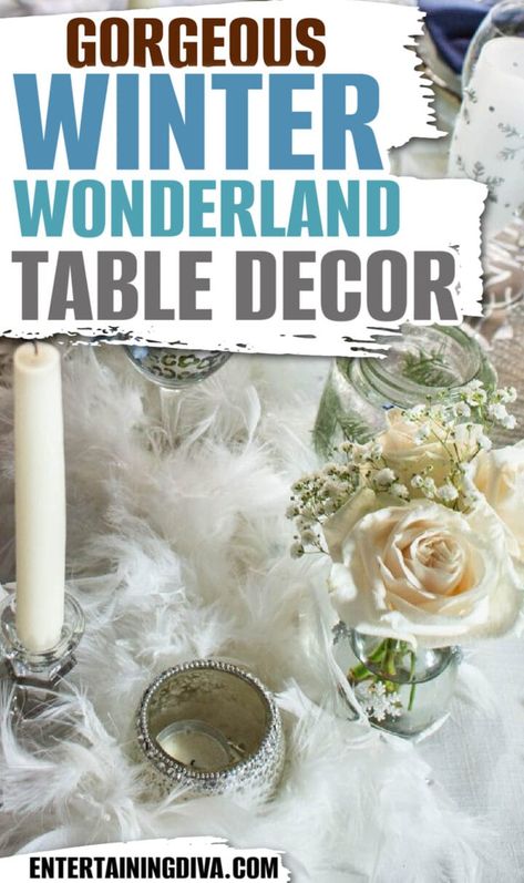 Snowflake Table Settings, Winter Tea Party Decorations, Winter Bridal Shower Centerpieces, Winter Tablescapes Ideas, White Winter Tablescapes, Blue And White Winter Decor, Snowflake Table Decorations, Winter Centerpieces For Table, Winter Table Centerpieces