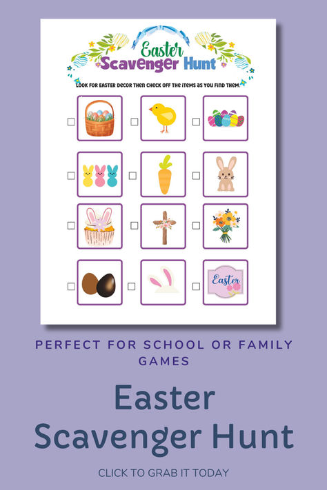 Have fun with this Easter game for kids, scavenger hunt for kids printable with cards. Search around the house, school or daycare for the items in the list. A set of cards is also included, in case you don't have the physical items you can print and cut the cards and hide them around the house. Fun indoor activity to Celebrate Easter with your little ones. #easterscavengerhunt #scavengerhuntclues #eastergame Easter Scavenger Hunt For Kids, Kids Scavenger Hunt, Easter Games For Kids, Easter Scavenger Hunt, Scavenger Hunt Clues, Printable Games For Kids, Fun Indoor Activities, Easter Printable, Easter Games