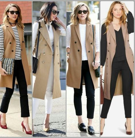 Chic Vest Outfits For Women, Brown Long Vest Outfit, Vest Overcoat Outfit, Work Attire Women 2023, Beige Vest Blazer Outfit, Long Tan Vest Outfits For Women, Blazer Vest Outfits For Women Fall, Sleeveless Blazer Outfit Fall, Paris Business Casual