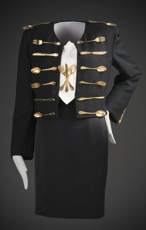 'Dinner Jacket' ensemble | Franco Moschino (Italian, 1950-1994) | Italy, Autumn/Winter 1989-1990 | Wool, wool and acetate, linen, and metal flatware | Los Angeles County Museum of Art, LACMA Franco Moschino, Clashing Prints, Moschino Couture, Dinner Jacket, 1980s Fashion, Los Angeles County, Fashion History, Museum Of Art, Forks