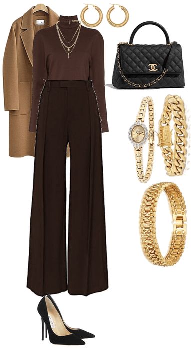 Brown Trousers Outfit Formal, Brown Business Outfit, Business Casual Outfits Brown, Smart Casual Women Winter Evening, All Brown Outfit Women, Dark Brown Slacks Outfit Women, Brown Formal Outfit, Dark Brown Outfits For Women, Brown And Gold Outfit