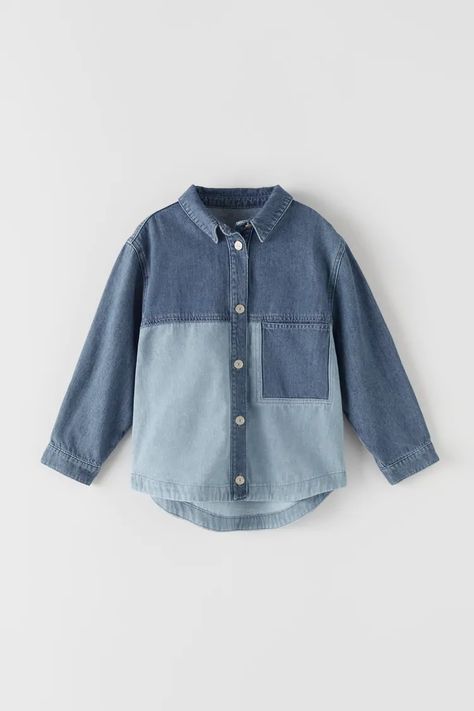 Shirt for Girls | Online Sale | ZARA Malaysia Denim Top Outfit, Kids Denim Shirt, Boys Jeans Shirt, Boys Denim Shirt, Denim Patchwork Jeans, Kids Wear Boys, Kids Shirts Boys, Patchwork Shirt, Denim Inspiration