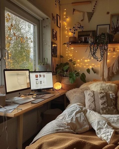 Cozy Bedroom Office Ideas, Cozy Bedroom With Desk, Frog Setup, Bedroom With Desk, Yellow Blanket, Bedroom Built Ins, Cozy Desk, Bedroom Color Combination, Cozy Home Office