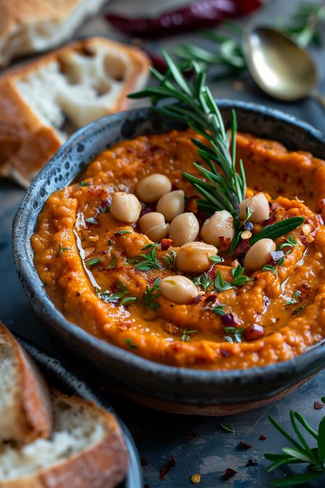 Roasted red pepper hummus garnished with chickpeas and rosemary in a bowl, served with bread slices. Spanish Roasted Vegetables, Spanish Dip Recipes, Romesco Recipes, Spanish Sauces, Romesco Dip, Mediterranean Tapas, Lime Shrimp Recipes, Roasted Red Pepper Dip, Red Pepper Dip