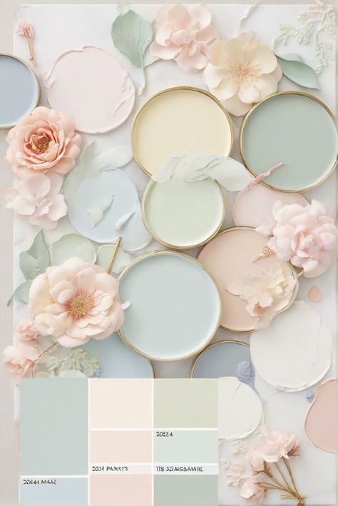 Pastel interior design, Misty ambiance decor, Sherwin-Williams trends, Color trends 2024 Peach And Teal Wall Paint, Shabby Chic Color Palette Colour Schemes, Sherwin Williams Pastels, Soft Interior Paint Colors, Pastel Home Paint Colors, Rustic Chic Color Palette, Pastel Green Bedroom Walls, Home Pastel Color, Pale Blue Color Scheme