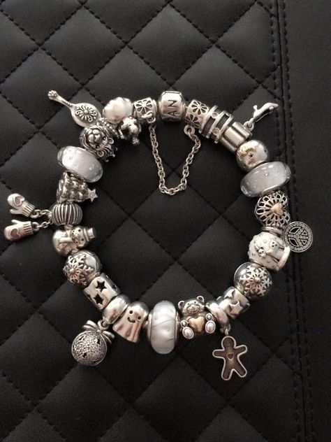 Pandora White Bracelet Ideas, White Pandora Bracelet, Pandora Bracelet White, White Metal Bracelet With Charms, White Metal Charm Bracelet, Pandora Bracelet Ideas Inspiration, Pandora Silver And Gold Bracelet, Pandora Silver Bracelet, Themed Pandora Bracelet