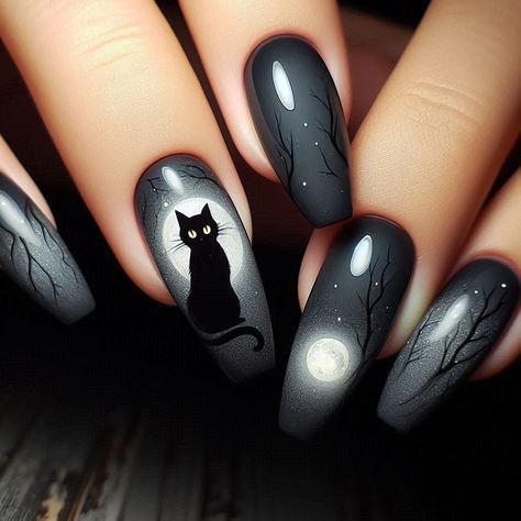 Black Cat On Nails, Halloween Moon Nails, Halloween Black Cat Nails, Black Cat Nails Halloween, Black Cat Halloween Nails, Black Cat Nails Design, Halloween Cat Eye Nails, Cat Eye Halloween Nails, Halloween Nails Cat