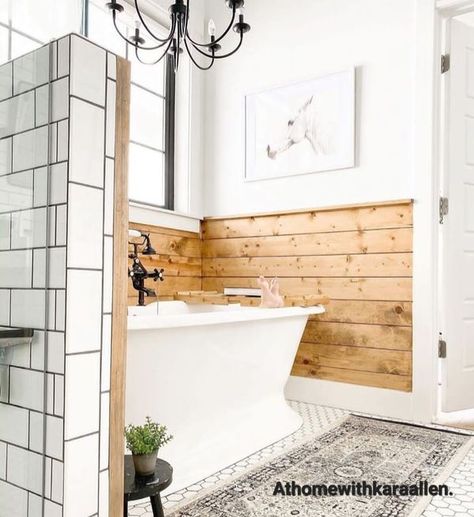 Just Decorate! | This bathroom. Stunning | Facebook Modern Bathroom Window, Bathroom Window Ideas, Shiplap Bathroom Wall, Rustic Modern Bathroom, Wood Shiplap Wall, Wood Shiplap, Luxurious Bathtubs, Shiplap Bathroom, White Blinds