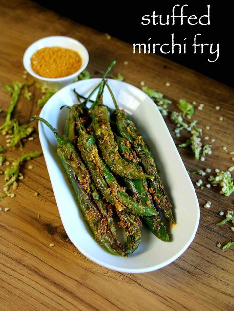 mirchi fry recipe | stuffed green chilli fry | bharwan mirchi fry recipe Chillies Recipes, Indian Pickle Recipe, Hebbar's Kitchen, Chile Peppers, Peanut Recipes, Chilli Recipes, Veg Dishes, Kitchen Recipe, Indian Breakfast