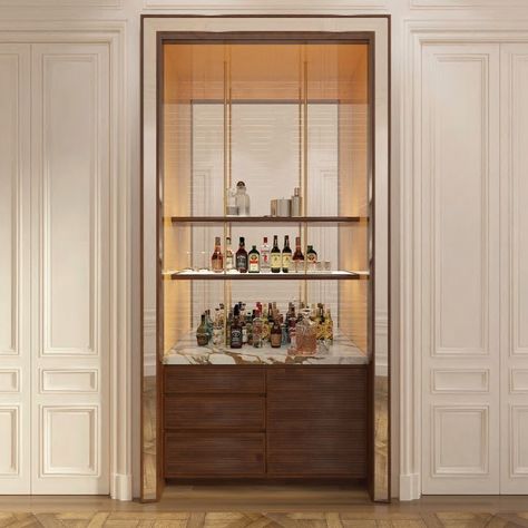 M • Instagram Living Room Wet Bar, Duplex Living Room, Wet Bar Designs, Home Bar Cabinet, Bar Unit, Wall Niche, M Instagram, Living Room Bar, Parisian Apartment