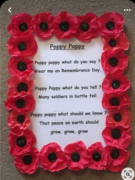 Teaching Kids About Remembrance Day, Remembrance Day Poem Kindergarten, Remembrance Day Board Ideas, Remembrance Display School, Poppy Display School, Remembrance Sunday Crafts, Remembrance Day Poems For Kids, Poppy Craft Preschool, Remembrance Day Art For Toddlers