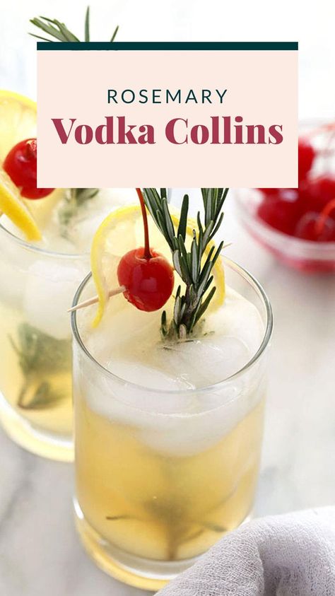 This Rosemary Collins Recipe is a twist on the traditional vodka collins, just in time for those holiday parties! Complete with a rosemary simple syrup and fresh lemon juice, this is the perfect refreshing cocktail even in the winter months. Cocktail Recipes With Rosemary, Lemon Rosemary Cocktail, Cocktail With Rosemary Simple Syrup, Drinks With Rosemary Simple Syrup, Rosemary Simple Syrup Recipe Cocktails, Rosemary Vodka Cocktail, Rosemary Simple Syrup Cocktail, Tom Collins Recipe Vodka, Cocktails With Simple Syrup