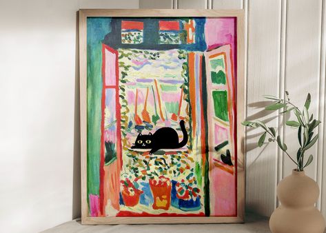 Beautiful Henri Matisse painting with black cute cat sitting on an open window pane. Animal poster. Frame poster. Home decoration. #cybearvision #prints #printable #poster #posterframe #frame #homedecor #decoration #henrimatisse #illustration #cat #catlovers #blackcat Matisse Open Window, Cat Poster, Black Cat Art, Art Texture, Cat Art Print, Unframed Art Prints, Cat Wall Art, Wallpaper Vintage, Cat Posters