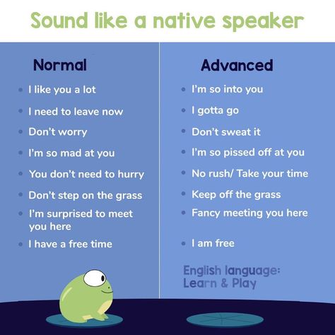 English language: Learn & Play on Instagram: “Don’t sweat it! Sounding like a native speaker is easier than you think ☀️ Swipe on the post to learn by examples ➡️👩‍🎓” Normal English Vs Native Speaker, Native Speaker English, Study Snaps, Study Snaps Ideas, Native Speaker, Native English, New Vocabulary Words, Advanced English, Spoken English