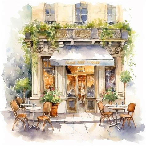 Premium Photo | A watercolor painting of a restaurant with a sign that says'cafe ' Cafe Watercolor Painting, Cafe Watercolor, European Cafe, Italian Cafe, Heaven Art, Cute Paintings, Watercolor Art Lessons, Pallet Art, Urban Sketching