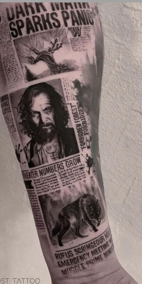 Harry Potter Newspaper, Harry Potter Tattoo Sleeve, Arm Cover Up Tattoos, Harry Tattoos, Zeus Tattoo, Hp Tattoo, Egyptian Tattoo Sleeve, Marvel Tattoos, Cool Forearm Tattoos