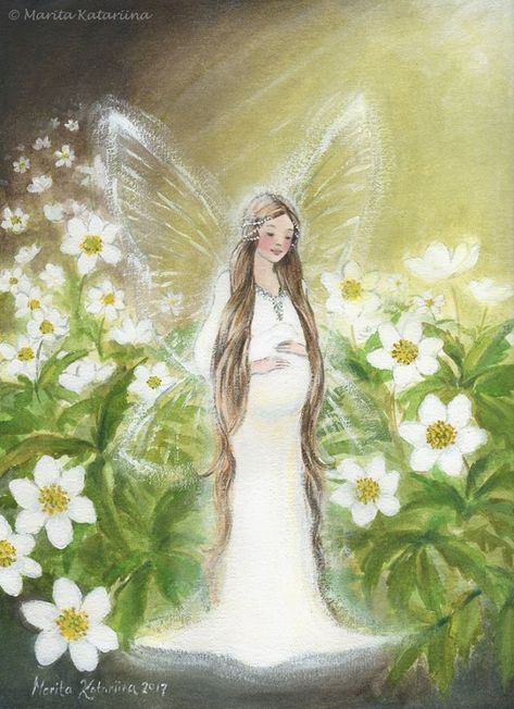 Marita Katariina - Expecting. A heavily pregnant fairy stands in a sun beam amidst some white flowers. Watercolour and acrylic white painting. Fantasy flower fairy art. Pregnant Fairy Art, Fairy Acrylic Painting, Pregnant Fairy, Jasmine Fairy, Flower Fairy Art, Pregnant Art, Sun Fairy, Heavily Pregnant, Flowers Watercolour