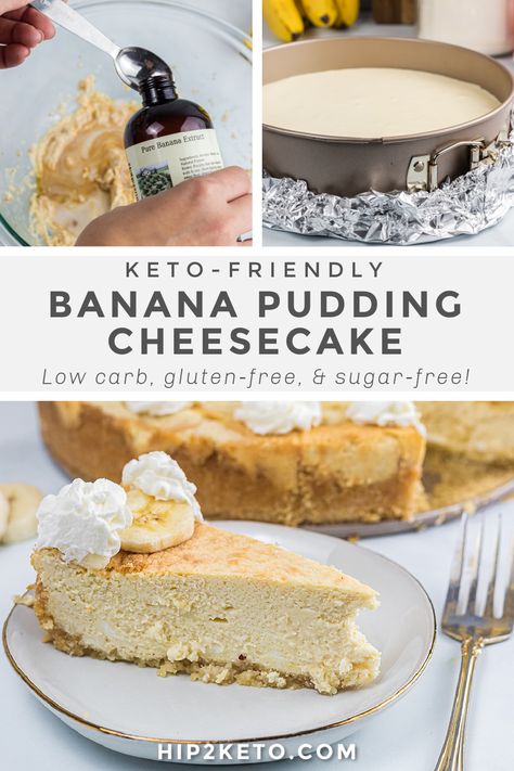 Keto Banana Pudding Cheesecake Recipe (Just 3 Net Carbs Per Slice) Keto Banana Pudding, Banana Pudding Cheesecake Recipe, Keto Banana, Banana Cream Cheesecake, Pudding Cheesecake, Banana Pudding Cake, Banana Pudding Cheesecake, Banana Cheesecake, Low Carb Low Fat Recipes