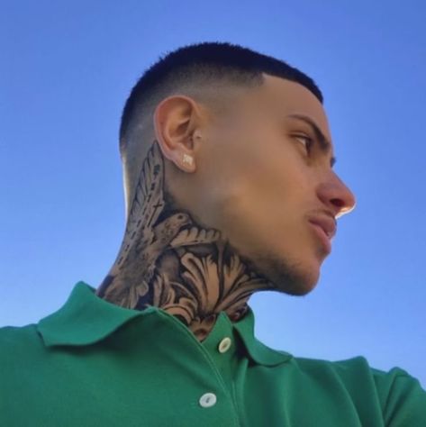 Men With Neck Tattoos, Best Neck Tattoos Men, Mens Neck Tattoos, Owl Feather Tattoos, Neck Tattoo Men, Rose Neck Tattoo, Front Neck Tattoo, Full Neck Tattoos, Memorial Tattoo Ideas