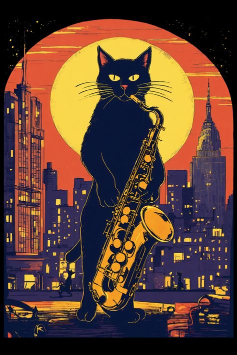 Black Cat Playing Saxophone T-Shirt Cat With Instrument, Sketching Cats, Skeleton Playing Saxophone, Jazz Cat Art, Cat Playing Saxophone, Frog Playing Saxophone, Black Cat Playing, Saxophone Art, Playing Saxophone