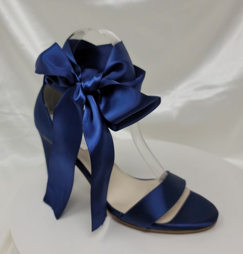 "Amazing Navy Blue Block heel Bridal Shoes with a satin bow design. You will receive the original ankle straps plus matching ribbon to wrap around your ankle to form a bow. These chunky heels have been dyed Fino Cobalt, but is available in white, ivory and Sapphire Blue. Perfect shoes for you or your bridesmaids. The listing picture shows a comfortable heel approximately 3 inches with an ankle strap. If you are picking a chart color or designer color, please put the color you would like in the p Blue Chunky Heels, Quince Heels, Block Heel Bridal Shoes, Dark Blue Heels, Wedding Shoes Blue, Blue Block Heels, Blue Bridal Shoes, Navy Blue Heels, How To Dye Shoes