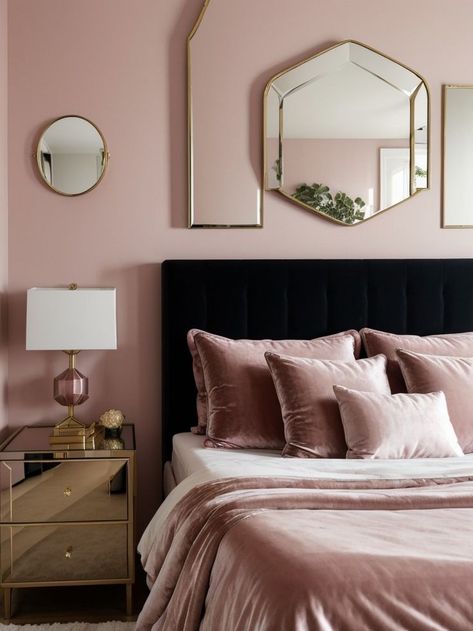 Blush And Gold Bedroom, Pink Bedroom Accessories, Blush Bedding, Blush Pink Bedroom, Velvet Headboard, Gold Bedroom, Dreamy Bedrooms, Decorative Mirror, Pink Bedroom