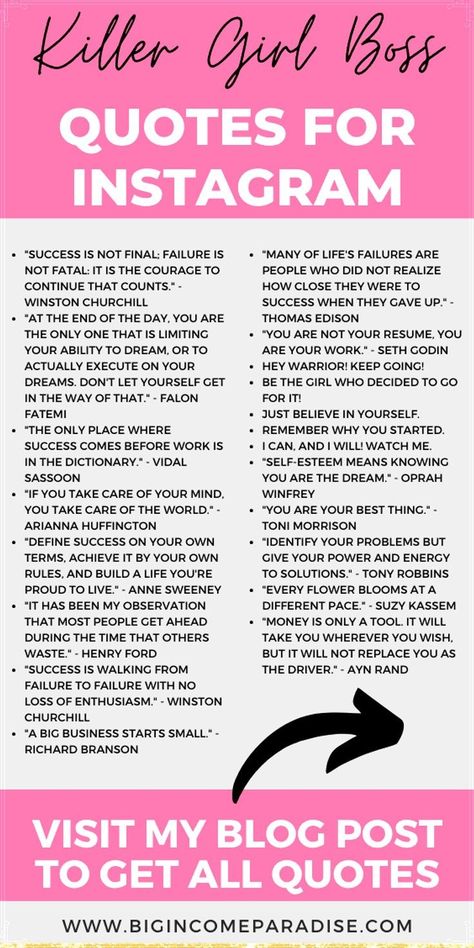 The Best Motivational Quotes for Your Instagram Captions! Wake up everyday knowing that are are succeeding in the life you’ve been dreaming of as a health coach and online business owner! Learn how to turn your side hustle full-time and the best business ideas for women! Grab your free business tips and social media marketing strategy. Boss Babe Captions, Girl Boss Quotes Motivation, Girl Boss Quotes Business, Motivational Captions, Quotes Hustle, Catchy Captions, The Best Motivational Quotes, Quotes Confidence, Business Ideas For Women