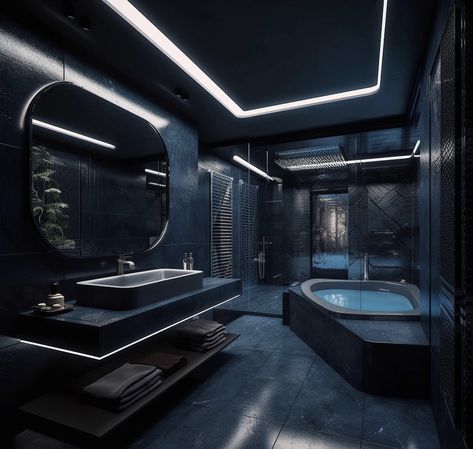 Black Jacuzzi, Dark Luxury Bathroom, Futuristic Bathroom Design, Black Luxury House, Mafia House Aesthetic, Dark Modern House, Drømme Bad, Dark Bathrooms, Dark Modern