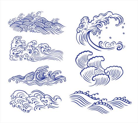 Japanese Wave Tattoos, Wave Drawing, Cloud Tattoo, Japanese Waves, 3d Tattoos, Pola Sulam, Waves Tattoo, Japanese Tattoo Art, Japanese Patterns