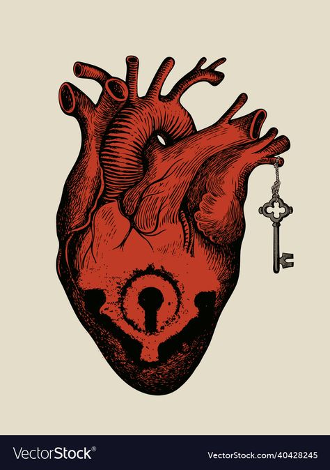 Eating Heart Art, Heart Surrealism, Valentine Drawings, Cardiology Art, Hands Holding A Heart, Human Heart Art, Closed Heart, Key Illustration, Locked Heart