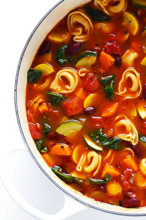 Tortellini Minestrone | Gimme Some Oven Tortellini Soup Vegetable, Minestrone Soup With Tortellini, Veggie Cheese Tortellini, Minestrone Tortellini Soup, Tortellini Bean Soup, Tortellini Soup With Zucchini, Veggie Tortellini Soup, Tortellini Minestrone Soup, Vegetarian Tortellini Soup