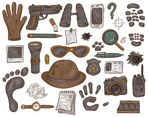 Vector hand drawn set of illustration with detective tools and evidence.  stock illustration Detective Tools, Retro Room Ideas, Detective Party, Detective Theme, Project Blue Book, Law School Inspiration, Detective Aesthetic, Sketch Inspiration, Drawing Set