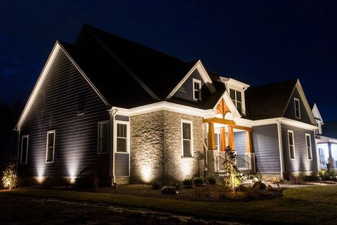 Lights That Shine Up On House, Lights In Front Of House, How To Light Up The Outside Of Your House, Lights On Side Of House, Outside Home Lighting Ideas, House Outside Lighting Ideas, Landscaping Lights Front Yard, Outside House Lighting Ideas, Front Yard Lighting Ideas Night