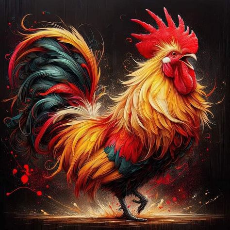 A high-resolution digital painting of a full-body rooster with tousled, exaggerated features and vibrant colors. The rooster is the main subject of the painting and is depicted whole with a happy, playful energy. The rooster's feathers are painted in loose brushstrokes of warm reds, yellows and tans, which contrast beautifully with the striking metallic black background. The background has vibrant red splashes, which add to the vibrant and cheerful colors of the painting. The overall style of... Paint A Picture, Rooster Feathers, Red Rooster, The Rooster, Overall Style, Warm Red, Brush Strokes, Vibrant Red, Black Background