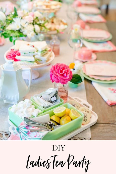 How to Host a Ladies Tea Party | Mother's Day tea ideas | Mother's Day party ideas | party hosting tips | tea party decor | tea party food recipes || JennyCookies.com #ladiestea #teaparty #partyhosting #diyparty #mothersday #mothersdaytea Tea Party Food Recipes, Party Hosting Tips, Pretty Party Decorations, Ladies Tea Party, Adult Tea Party, Basil Tea, Camp Coffee, Cucumber Tea Sandwiches, Tea Party Decor