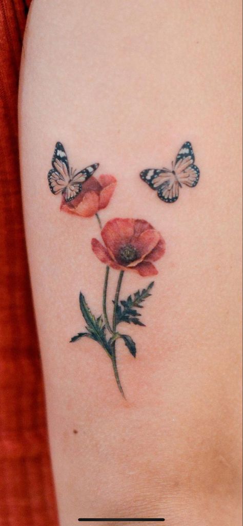 Poppy Tattoo Butterfly, Butterfly With Poppy Flower Tattoo, Monarch Butterfly And Poppy Tattoo, Poppy With Butterfly Tattoo, Poppies And Butterfly Tattoo, Butterfly Poppy Tattoo, Poppy And Butterfly Tattoo, Poppy And Bee Tattoo, Poppy Flower Tattoo Color