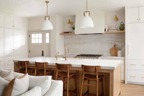 Take a peek inside this warm and inviting vacation home in Wisconsin Elkhart Lake Wisconsin, Gold Pulls, Gold Faucet, Latest Kitchen Designs, White Industrial, Warm Colour Palette, Island With Seating, Kitchen Views, A Frame Cabin