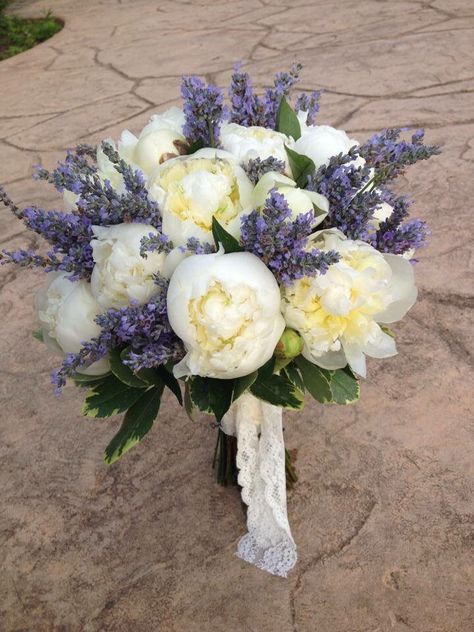 White peony and lavender bouquet   Four Leaf Clover Designs NEPA Peony And Lavender Bouquet, Wedding Bouquets Peony, Peonies And Lavender, Wedding Bouquet Peonies, Bouquet With Peonies, Lavender Wedding Bouquet, Lavender Wedding Theme, Small Wedding Bouquets, Lavender Wedding Flowers